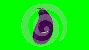 Cartoon talking eggplant loop with alpha channel. Vegetable animation on chroma key green or transparent background.