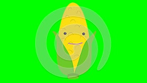 Cartoon talking sweet corn loop with alpha channel. Vegetable animation on chroma key green or transparent background.