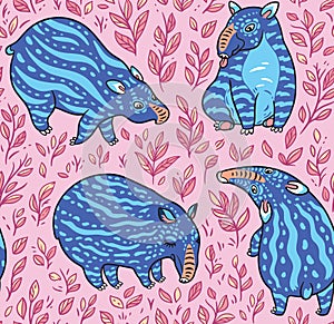 Cartoon tapirs seamless pattern. Blue tapirs with light stripes in the leafs. Vector illustration photo