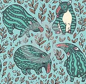 Cartoon tapirs seamless pattern. Green tapirs with light stripes in the leafs. Vector illustration photo