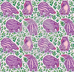 Cartoon tapirs seamless pattern. Pink tapirs with light stripes in the leafs. Vector illustration photo