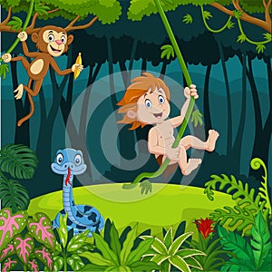 Cartoon tarzan with animals in the jungle