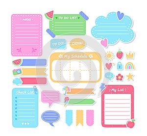 Cartoon Task Planners, Cute Paper Sticky Notes, Banners, To Do List Or Memo Message Notepads Paper Sheets, Schedules photo