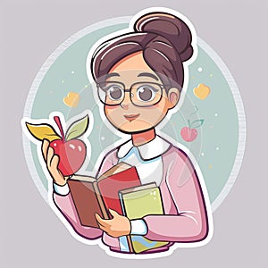 Cartoon teacher with gray hair and glasses holding an apple and books, illustrated sticker on a gray background