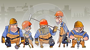 Cartoon team of men in helmets and clothing workers-builders