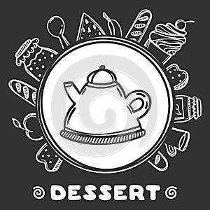 Cartoon teapot with food on black background. Hand drawn illustration. Dessert time.