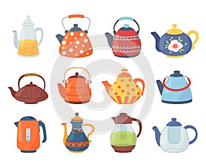 Cartoon teapots and kettles. Tea pitcher, coffee jug and ceramic kitchen tools. Decorative crockery items isolated