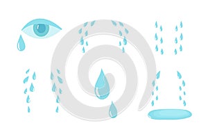 Cartoon tears. Cry and sweat drops. Crying tears, droplets from eyes vector isolated set