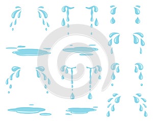 Cartoon tears. Water splash, raining drops and natural stream. Weeping droplets and cry tear. Isolated drip sweat and