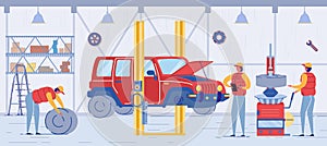 Cartoon Technician in Uniform Change Car Wheel