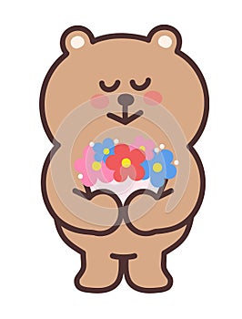 Cartoon teddy bear with a bouquet. Vector illustration.
