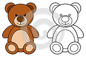 Cartoon teddy bear colorful and black and white. Coloring book page for children. Colored and outline vector children`s toy