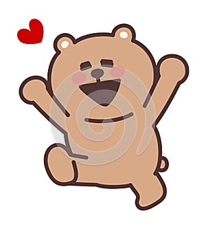 Cartoon teddy bear jumping for joy with a heart. Vector illustration.