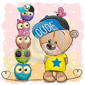Cartoon Teddy Bear and owls on a pink background