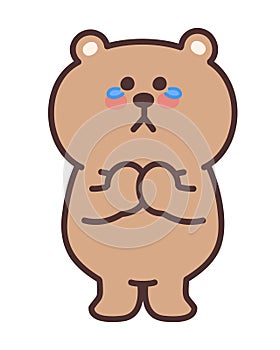 Cartoon teddy bear praying in tears. Vector illustration.