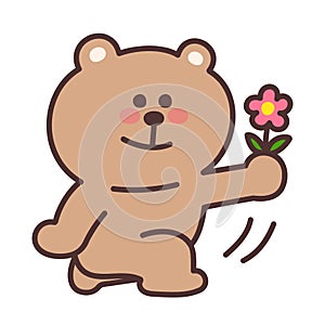 Cartoon teddy bear presents someone with a flower. Vector illustration.