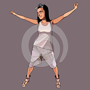 Cartoon teen girl stands joyfully raising her hands