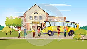 cartoon teen kids near school bus