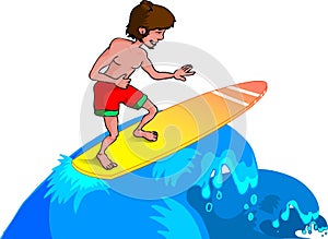 Cartoon teen man surfing on surfboard Young surfer boy on high waves. . 2d drawing vector.