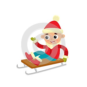Cartoon teenaged boy on sledge, cartoon vector illustration
