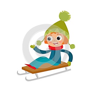 Cartoon teenaged girl on sledge, cartoon vector illustration