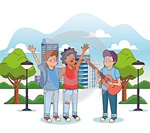 Cartoon teenager boy playing guitar for a couple