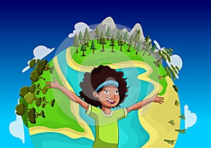 Cartoon teenager girl in front of earth planet.