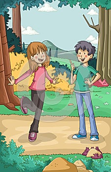 Cartoon teenager in the park with grass and trees.