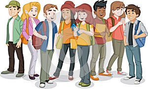 Cartoon teenager students with books and backpack.