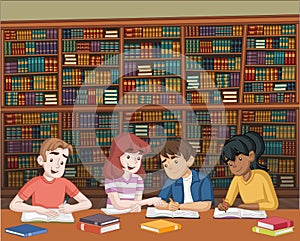Cartoon teenager students with books on big library. Kids studying.