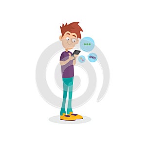 Cartoon teenager using mobile phone for chatting with friends. Gadget addiction. Dependency from modern technologies