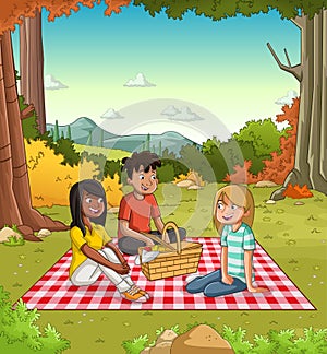 Cartoon teenagers having a picnic in the park with grass and trees.