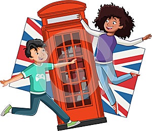 Cartoon teenagers jumping in front of British flag and London telephone booth.