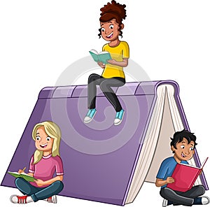 Cartoon teenagers reading books.