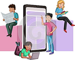 Cartoon teenagers reading books.Cartoon teenagers reading newspaper, magazine, computer and smart phone.