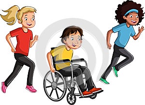 Cartoon teenagers running. Boy on Wheelchair running with friends.