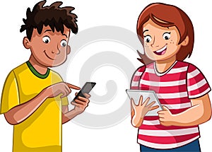 Cartoon teenagers using smart phone and tablet.