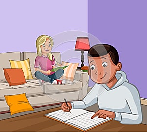 Cartoon teenagers working on their homework.