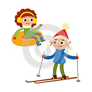 Cartoon teenages in winter clothes, cartoon vector illustration