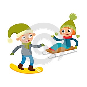 Cartoon teenages in winter clothes, cartoon vector illustration