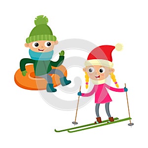 Cartoon teenages in winter clothes, cartoon vector illustration