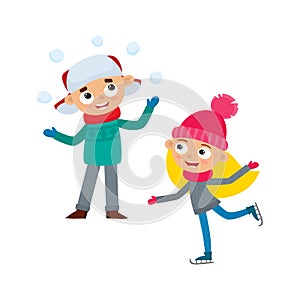 Cartoon teenages in winter clothes, cartoon vector illustration