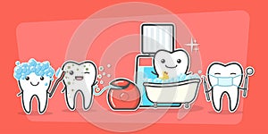 Cartoon teeth care and hygiene concept.