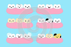 Cartoon Teeth in gum. Various healthy and with caries, cute tooth yellow and white enamel, toothpaste foam, dental floss, braces