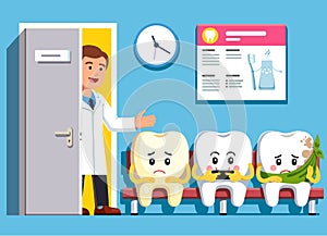 Cartoon teeth sitting in line at dental clinic