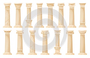 Cartoon temple ancient columns, greek cartoon pillars. Corinthian, ionic and doric ornaments, antique colonnade decoration flat