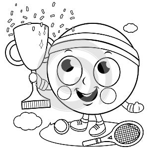 Cartoon tennis player ball character champion cheering and holding a trophy. Vector black and white coloring page