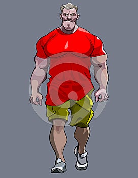 Cartoon tense man bodybuilder goes photo