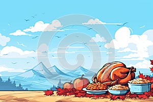 cartoon thanksgiving background with turkeys pumpkins and maple leaves