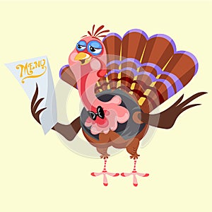 Cartoon thanksgiving turkey character holding menu, autumn holiday bird vector illustration happy greeting text on flyer